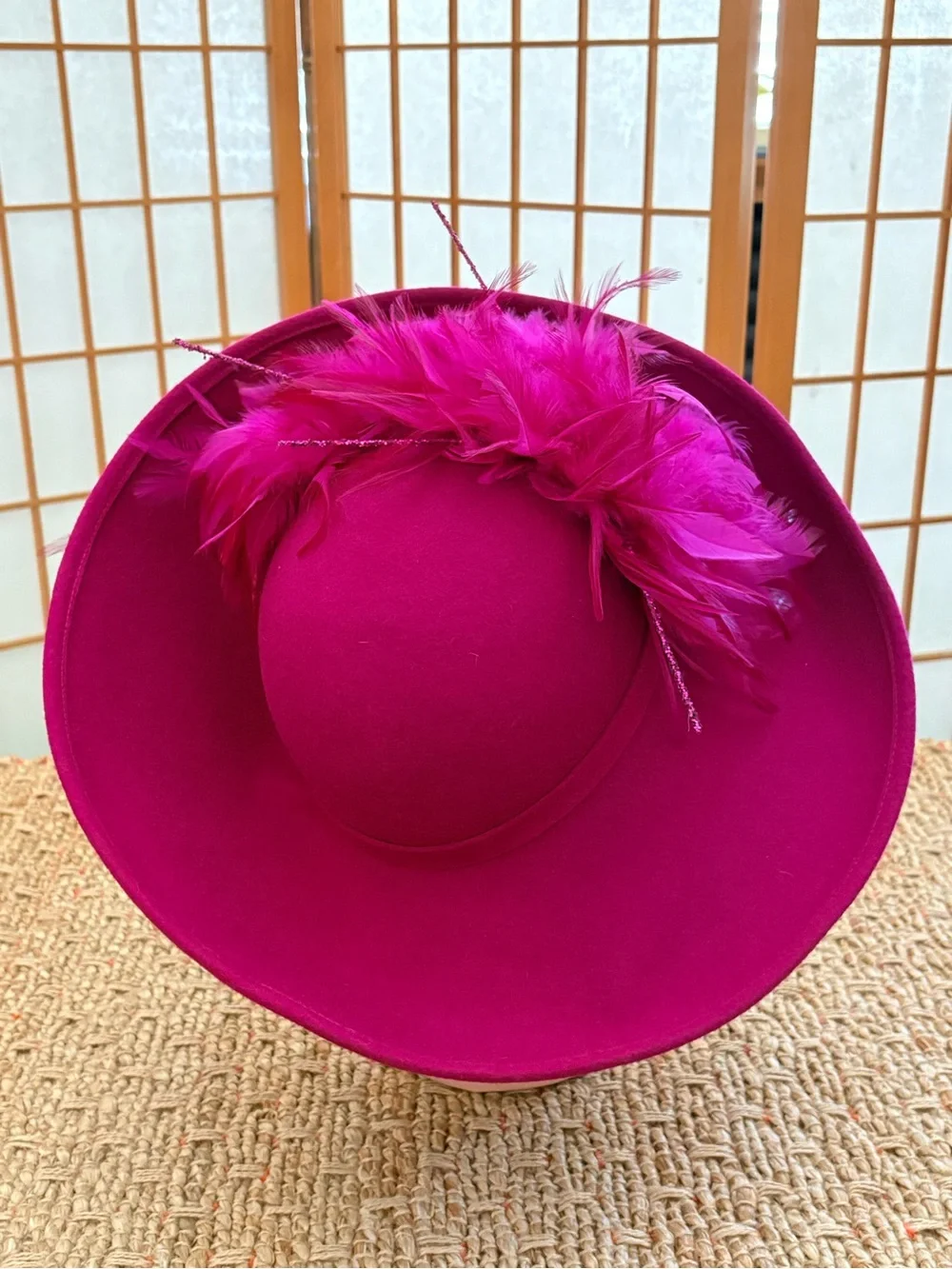 Vintage Deborah Fashions Fuchsia Feathered Felt Tilt Hat with Decorative Trim